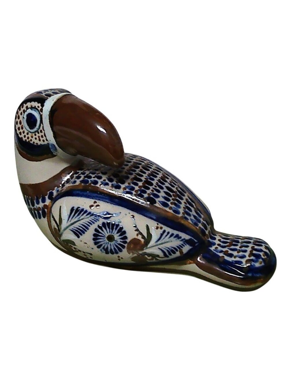Vintage J Santana Tonala Mexico Ceramic Toucan Hand-Painted Floral Blue Brown